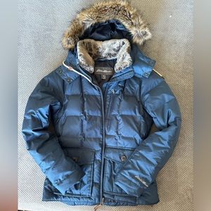 Eddie Bauer Blue Down Puffer Coat with Faux Fur Detailing